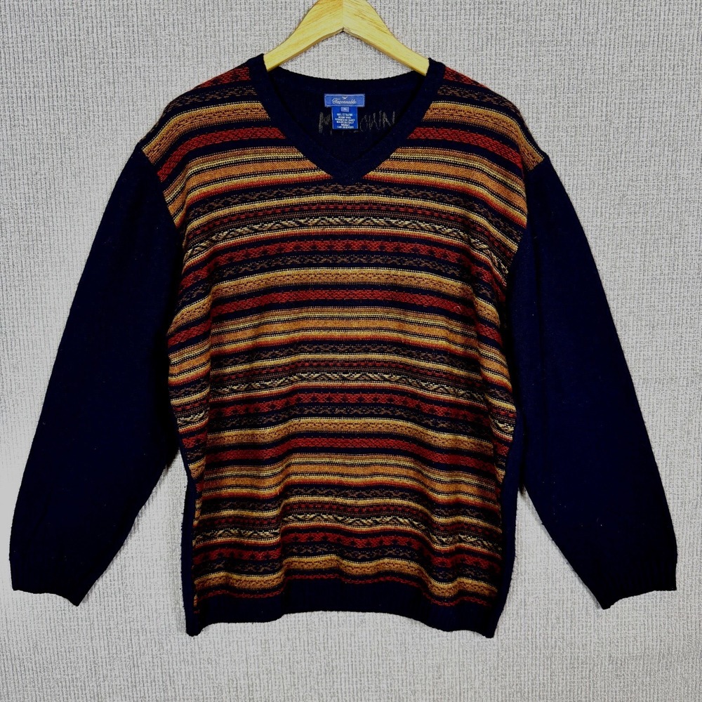 Vintage Faconnable Sweater Men XL Striped Merino Wool Italy Academia Country